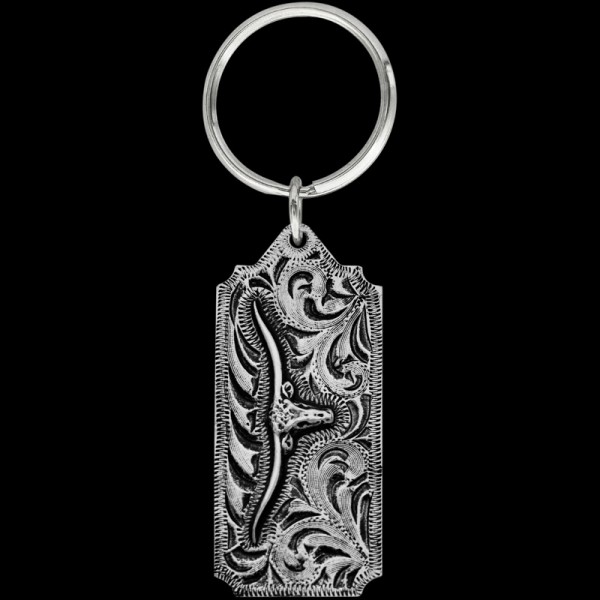 Longhorn Steer, Show your Outlaw Spirit with he Saddle Bronc keychain. This keychain includes beautiful, engraved scrolls, a 3D longhorn figure, back engraving, and a